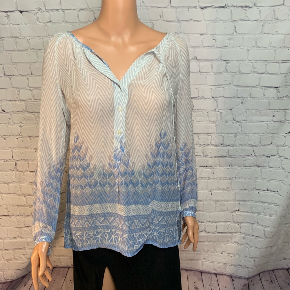 Lucky brand Sheer blue forest trees boho sheer blouse top size xs - Picture 2 of 9